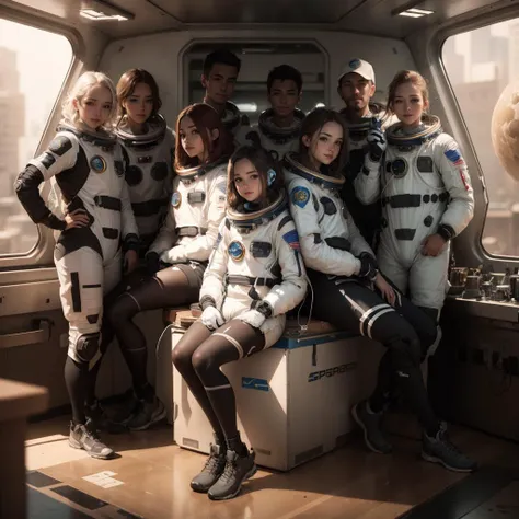 masterpiece, highly detailed,photorealistic, HDR, 8K, wallpaper, best lighting, best quality, detailed face, girls and boys, spacesuit, smile, looking at viewer,