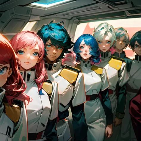 ((best quality)), ((masterpiece)), (detailed) , 8K, illustration, wallpaper, best lighting, soft lighting, high detail, detailed face, girls and boys, gundam pilot, white uniform, short hair, long hair, pink hair, blue hair, black hair, yellow hair, random hair color, random hair style, spaceship,<lora:add_detail:0.8>,