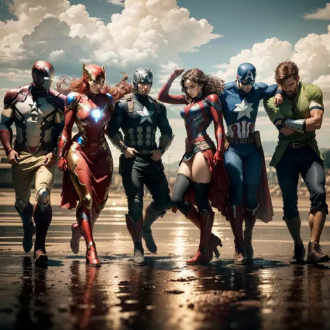 ((best quality)), ((masterpiece)), (detailed), 8K, wallpaper, HDR, detailed face, beautiful face, girls and boys, Avengers, marvel cinematic universe, superhero,outdoors,