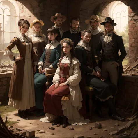 masterpiece, highly detailed,photorealistic, HDR, 8K, wallpaper, best lighting, best quality, detailed face, girls and boys, 17th century Europe clothes, (ruins),