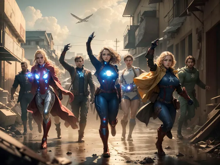 ((best quality)), ((masterpiece)), (detailed), 8K, wallpaper, HDR, detailed face, beautiful face, girls and boys, Avengers, marvel cinematic universe, superhero,outdoors,impact