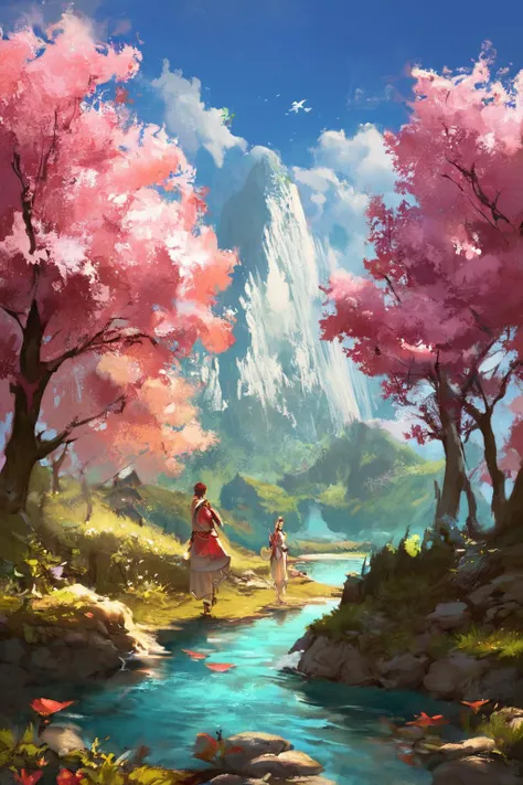 a painting of a woman and a man standing in a forest