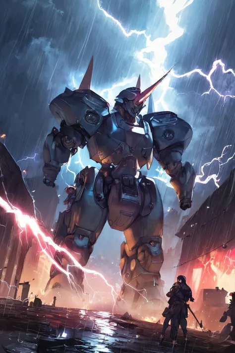 a picture taken from a video game of a giant robot with lightning coming out of it