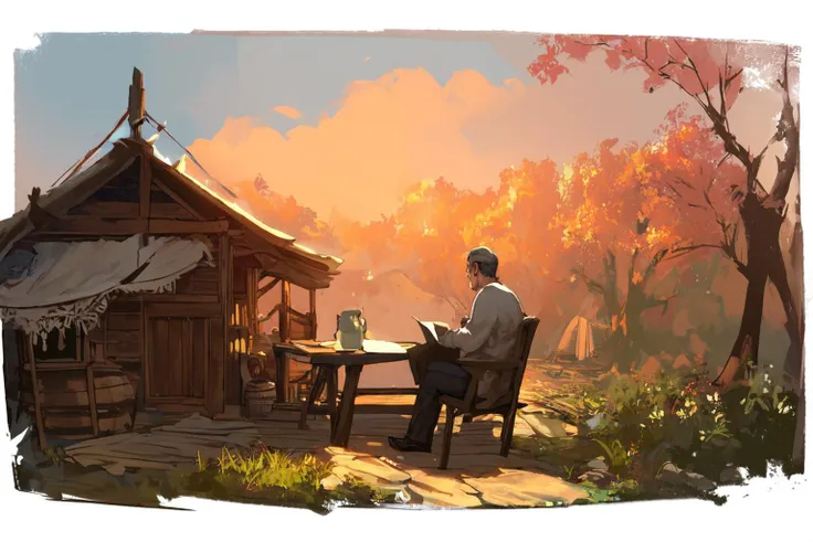 painting of a man sitting at a table in front of a hut