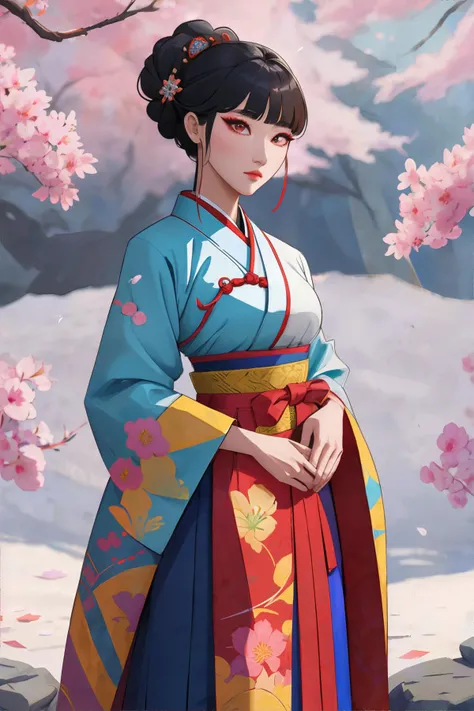 woman wearing National dress of South Korea,Hanbok,A colorful and elegant dress consisting of a wrap-around skirt (chima) and a jacket (jeogori)., simple background, fashion photography, masterpiece, 8k, high resolution, shallow depth of field, sharp focus