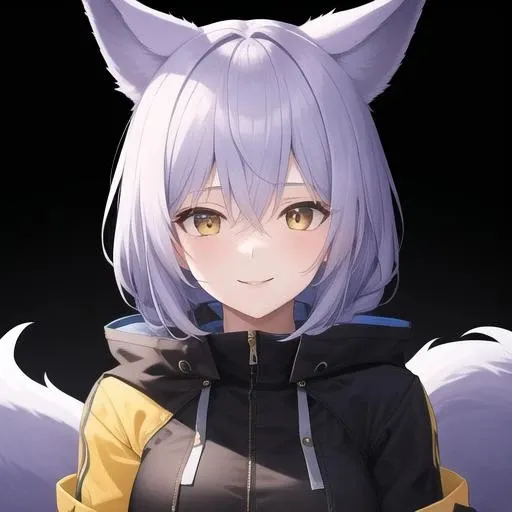 masterpiece,best quality,absurdres,highres,1girl,solo,upper body,(portrait:1.2),animal_ears,wolf_ears,short_sleeves,wolf_tail,looking_at_viewer,purple_hair,yellow_eyes,long_hair,bangs,black thighhighs,hair_between_eyes,boots,black_gloves,black_footwear,single_braid,large_tail,smile,extra_ears,jacket,medium_breasts,<lora:Provence(ark)>,