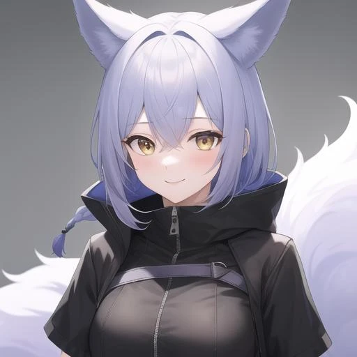 masterpiece,best quality,absurdres,highres,1girl,solo,upper body,(portrait:1.2),animal_ears,wolf_ears,short_sleeves,wolf_tail,looking_at_viewer,purple_hair,yellow_eyes,long_hair,bangs,black thighhighs,hair_between_eyes,boots,black_gloves,black_footwear,single_braid,large_tail,smile,extra_ears,jacket,medium_breasts,<lora:Provence(ark)>,