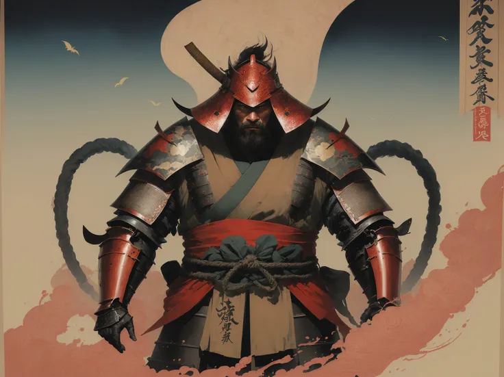 man, (samurai heavy armor:1.0), draw, poster, ultra detailed, a silk screen, ukiyo-e, Chizuko Yoshida, (Nihonga:1.2)