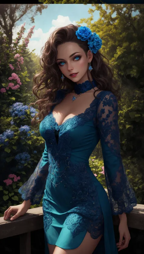 award winning studio photo of beautiful girl, raw photo, (1girl:1.2), half body, detailed garden on the background, (ultra detailed:1.4), lots details, sharp focus, hdr, (detailed blue duochrome dress:1.2), make up, decorations, detailed face, nature skin texture, sexual smiling, bright colors, (saturated:1.2), vibrant colors