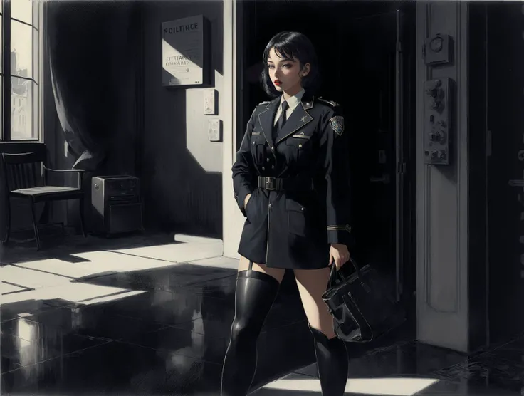 award winning art of young noir woman in 1940, 1girl, vintage detective suit, stockings, (old noir cinema:1.2), Police Station, <lora:fixhand2lora_v10:0.4>BREAK
red lips, black hair