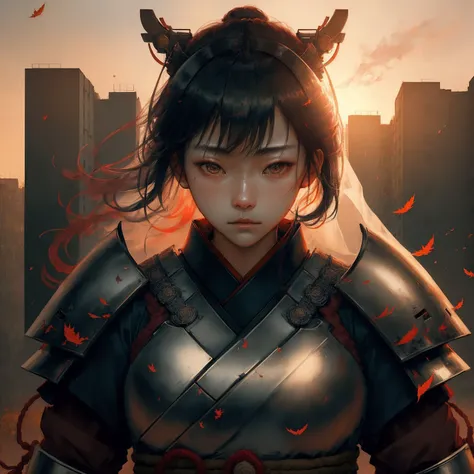 award winning photo of female Japanese samurai in armor, russian panel houses, autumn, morning, sunruse, hdr, rtxseries, masterpiece, best quality, ultra-detailed, 8k, photorealistic, (ultra detailed:1.4), depth of field <lora:russian_panel_houses_v105:1.3>
