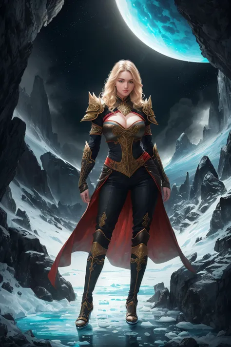 8k RAW ultra realistic professional photography, (full body shot), (epic powerful pose), 25-year-old female, ((looking at viewer)), (ultra detailed face), blonde hair, ((big rendered eyes)), angular face, realistic skin texture, high cheekbones, strong jawline, high nose bridge, (Perfect Body), (shapely body), (long legs), (tall height), correct anatomy, ((highly detailed with intricate patterns black and red elegant armor with intricate detailed designs)), ((rough rock texture armor with sharp edges and intricate detailed designs)), (cleavage), (wildlands landscape background), fantasy epic, celestial, fire, lava, ice, frozen, eclipse, supernova, apocalypse, explosions hyperrealistic, 8k, highly detailed, sharp focus, extremely detailed, ornate, intricate, vivid, natural lighting, raytracing, lumen reflections, studio quality, (best quality), (masterpiece)