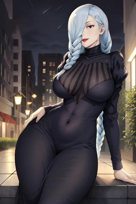 MeiMeiBD1, 1girl, solo, long hair, braid, hair over one eye, dress, smile, black dress, looking at viewer, breasts, long sleeves, braided bangs, large breasts, blue hair, braided ponytail, turtleneck dress, cowboy shot, makeup, red lips, grey hair, one eye covered, puffy sleeves, lipstick, closed mouth, turtleneck, sitting, girl sitting in, sitting in, black eyes, half-closed eyes, curvy, wide hips, covered navel, impossible clothes, outdoors, night, sky, clouds, stars, streetlights, lights, buildings, plants, bushes, (narrowed eyes:1.2), (squinted eyes:1.2), <lora:MeiMeiBD1:0.9>
BREAK
masterpiece, best quality, highly detailed background, perfect lightingbest quality, ((shiny skin, glossy skin, detailed skin))
