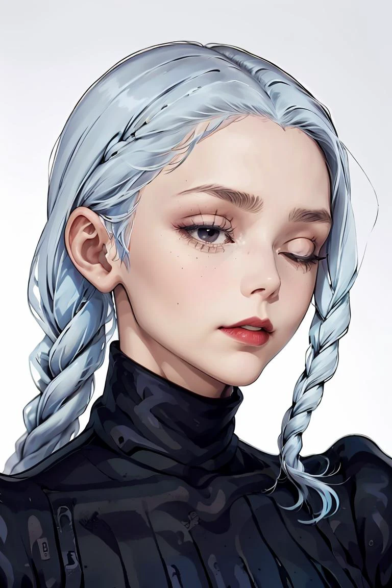 (masterpiece, best quality), 1girl,<lora:MeiMeiBD1:1> MeiMeiBD1, Braid, Hair over one eye, dress, black dress, braided bangs, long sleeves, blue hair, braided ponytail, turtleneck dress, makeup, red lips, one eye covered, puffy sleeves, lipstick, black eyes, (half-closed eyes:1.2), curvy, wide hip, (narrowed eyes:1.2), (squinted eyes:1.2),