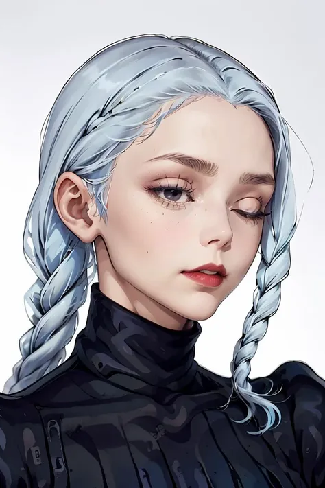 (masterpiece, best quality), 1girl,<lora:MeiMeiBD1:1> MeiMeiBD1, Braid, Hair over one eye,  dress,  black dress, braided bangs,  long sleeves,  blue hair, braided ponytail,  turtleneck dress, makeup,  red lips,  one eye covered, puffy sleeves,  lipstick,  black eyes,  (half-closed eyes:1.2),  curvy,  wide hip, (narrowed eyes:1.2),  (squinted eyes:1.2),