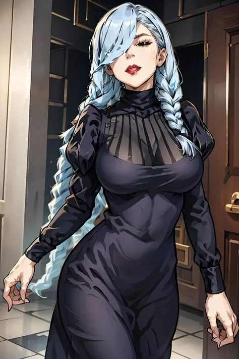 (masterpiece, best quality), 1girl,<lora:MeiMeiBD1:1> MeiMeiBD1, Braid, Hair over one eye,  dress,  black dress, braided bangs,  long sleeves,  blue hair, braided ponytail,  turtleneck dress, makeup,  red lips,  one eye covered, puffy sleeves,  lipstick,  black eyes,  (half-closed eyes:1.2),  curvy,  wide hip, (narrowed eyes:1.2),  (squinted eyes:1.2),