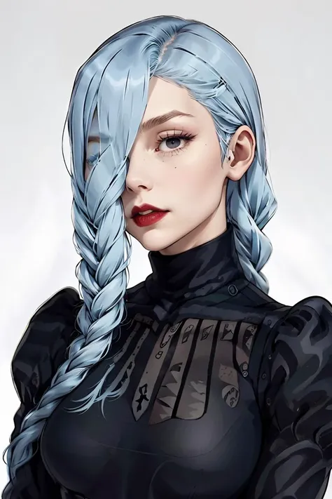 (masterpiece, best quality), 1girl,<lora:MeiMeiBD1:1> MeiMeiBD1, Braid, Hair over one eye,  dress,  black dress, braided bangs,  long sleeves,  blue hair, braided ponytail,  turtleneck dress, makeup,  red lips,  one eye covered, puffy sleeves,  lipstick,  black eyes,  (half-closed eyes:1.2),  curvy,  wide hip, (narrowed eyes:1.2),  (squinted eyes:1.2),