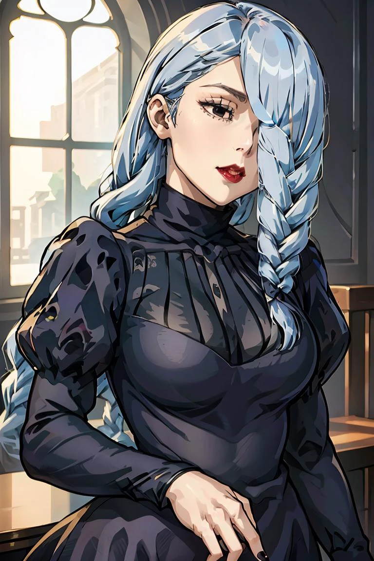 (masterpiece, best quality), 1girl,<lora:MeiMeiBD1:1> MeiMeiBD1, Braid, Hair over one eye, dress, black dress, braided bangs, long sleeves, blue hair, braided ponytail, turtleneck dress, makeup, red lips, one eye covered, puffy sleeves, lipstick, black eyes, (half-closed eyes:1.2), curvy, wide hip, (narrowed eyes:1.2), (squinted eyes:1.2),