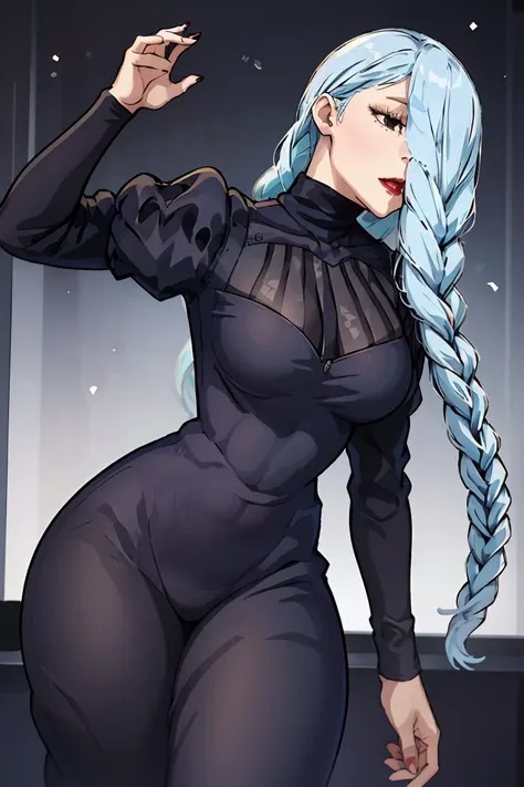 (masterpiece, best quality), 1girl,<lora:MeiMeiBD1:1> MeiMeiBD1, Braid, Hair over one eye,  dress,  black dress, braided bangs,  long sleeves,  blue hair, braided ponytail,  turtleneck dress, makeup,  red lips,  one eye covered, puffy sleeves,  lipstick,  black eyes,  (half-closed eyes:1.2),  curvy,  wide hip, (narrowed eyes:1.2),  (squinted eyes:1.2),