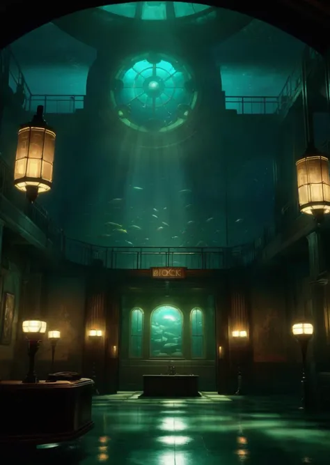 a large room with a large painting on the wall , no humans, window, night, building, scenery, light, lamp , cinematic from Bioshock game series, art deco, seedy, submarine<lora:Rapture:1.0>