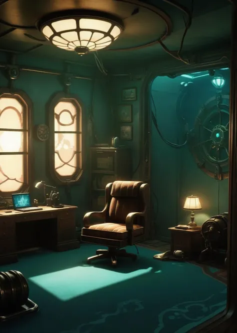 a room with a chair and a desk in it , indoors, pillow, no humans, bed, chair, scenery, cable , cinematic from Bioshock game series, art deco, seedy, submarine<lora:Rapture:1.0>