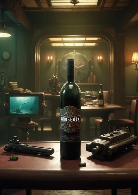 a bottle of wine and a remote control on a table , weapon, indoors, gun, no humans, table, bottle, scenery , cinematic from Bioshock game series, art deco, seedy, submarine<lora:Rapture:1.0>