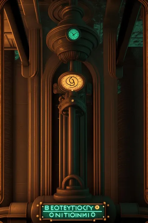 a lit candle is in front of a poster , a train station with a clock and a neon sign , cinematic from Bioshock game series