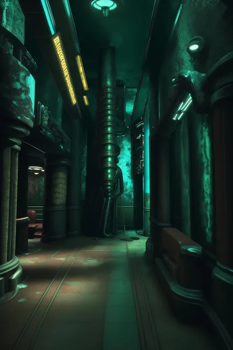 a room with a bar and a large painting , indoors, english text, no humans, scenery, light, paintbrush, statue , cinematic from Bioshock game series