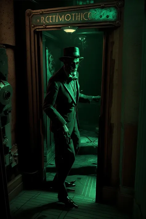 a creepy looking man standing in a room , a room with a lamp and a door , cinematic from Bioshock game series