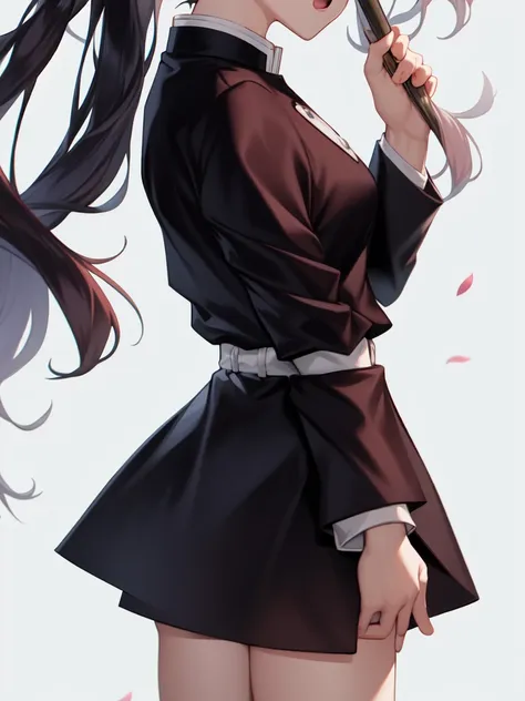 masterpiece, best quality, <lora:a_kanzakiAoi_V0:0.7>,kanzaki aoi \(kimetsu no yaiba\), 1girl, solo, open_mouth, simple_background, black_hair, long_sleeves, white_background, flower, hand_on_hip, head_out_of_frame, demon_slayer_uniform