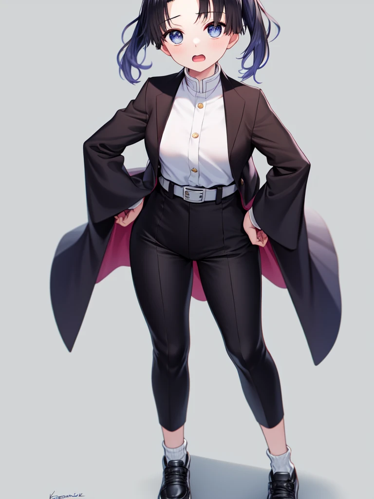 masterpiece, best quality, <lora:a_kanzakiAoi_V0:0.7>,kanzaki aoi \(kimetsu no yaiba\), 1girl, solo, breasts, short_hair, open_mouth, simple_background, black_hair, long_sleeves, standing, jacket, full_body, socks, belt, pants, signature, grey_background, uniform, black_jacket, no_shoes, hands_on_hips, tabi, white_belt, demon_slayer_uniform