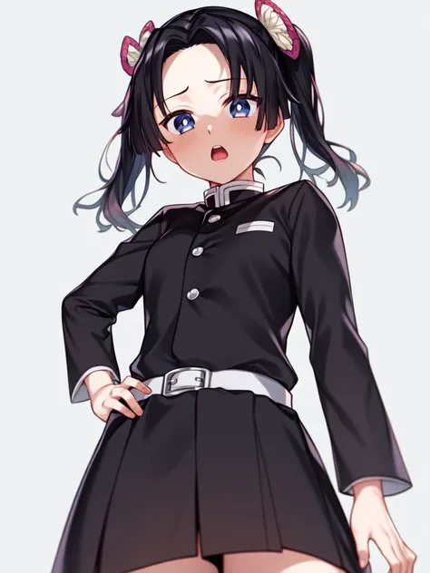 masterpiece, best quality, <lora:a_kanzakiAoi_V0:0.7>,kanzaki aoi \(kimetsu no yaiba\), 1girl, solo, open_mouth, simple_background, black_hair, long_sleeves, white_background, flower, hand_on_hip, demon_slayer_uniform