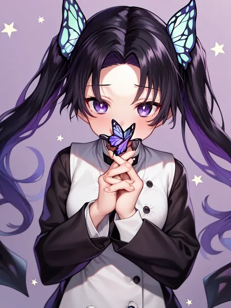 masterpiece, best quality, <lora:a_kanzakiAoi_V0:0.7>,kanzaki aoi \(kimetsu no yaiba\), 1girl, solo, looking_at_viewer, bangs, black_hair, hair_ornament, long_sleeves, twintails, purple_eyes, upper_body, short_sleeves, star_(symbol), parted_bangs, own_hands_together, interlocked_fingers, forehead, purple_background, covered_mouth, butterfly_hair_ornament, layered_sleeves, starry_background, short_over_long_sleeves, demon_slayer_uniform