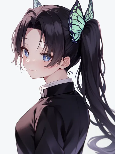 masterpiece, best quality, <lora:a_kanzakiAoi_V0:0.7>,kanzaki aoi \(kimetsu no yaiba\), 1girl, solo, looking_at_viewer, smile, bangs, blue_eyes, simple_background, black_hair, hair_ornament, white_background, twintails, closed_mouth, jacket, upper_body, hair_over_one_eye, side_ponytail, black_jacket, parted_bangs, butterfly_hair_ornament, demon_slayer_uniform