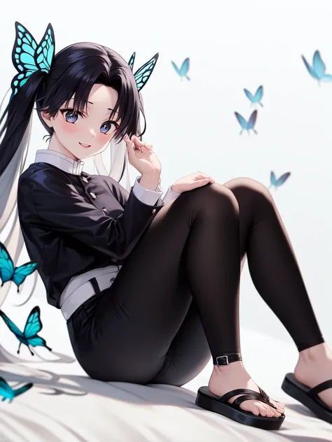 masterpiece, best quality, <lora:a_kanzakiAoi_V0:0.7>,kanzaki aoi \(kimetsu no yaiba\), 1girl, solo, looking_at_viewer, smile, bangs, black_hair, hair_ornament, long_sleeves, white_background, full_body, parted_lips, pants, signature, sandals, own_hands_together, bug, butterfly, tabi, butterfly_hair_ornament, demon_slayer_uniform