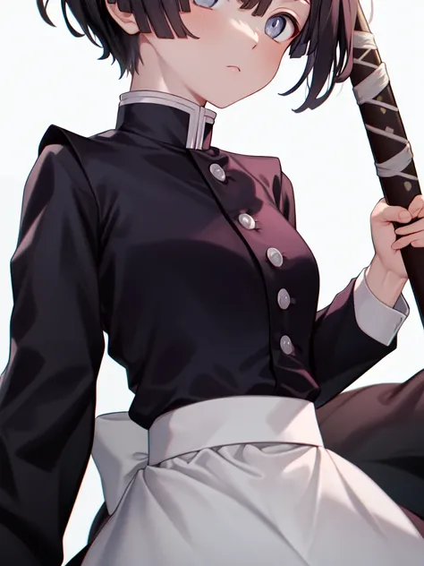 masterpiece, best quality, <lora:a_kanzakiAoi_V0:0.7>,kanzaki aoi \(kimetsu no yaiba\), 1girl, short_hair, skirt, simple_background, long_sleeves, 1boy, white_background, weapon, pink_hair, japanese_clothes, sword, apron, maid, katana, sheath, maid_apron, sheathed, head_out_of_frame, demon_slayer_uniform