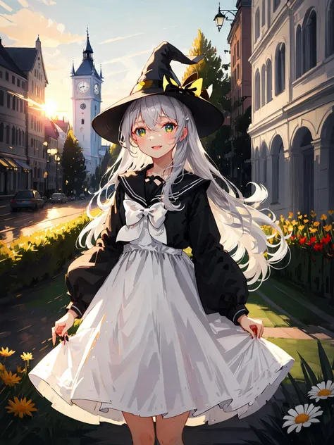 ((masterpiece)),((bestquality)),((illustration)),(lightreflection),beautifulshadow,/+\+/,cowboyshot,lookingatviewer,bangs,solo,1girl,\\(alilttlecatgirlhaslongsilverhairandhairbetweeneyesandyelloweyessittinginshe'sgarden),happy,witchhat,[[catears:10]],bow,dress,openbook,holdingquill,(bluebutterfly,flowerfield),flower,outdoor,lake,tree,vines,\+/+\+/+,gothicbuildingtower,clocktower,<lora:last:1>