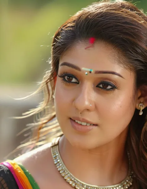 hires close up photo of a woman, Nayanthara, outdoors, smiling, looking looking at camera, colorful high neck (Ghagra_choli:1.2), longshort|flowing|tied} hair, ultra-detailed, photorealistic, intricate details, perfect face, full sharp, detailed face, realistic eyes,simple white stucco background <lora:Nayanthara_SDXL_LoRA:1>