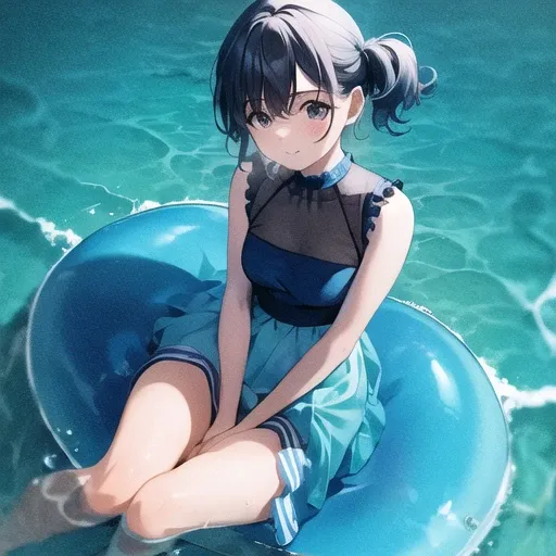 Anime girl sitting on a blue inflatable in the water - SeaArt AI