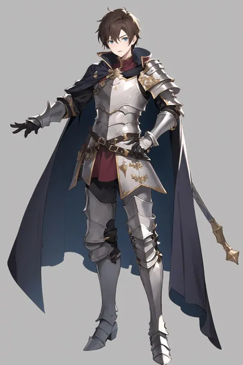 1boy, armor, male focus, blue eyes, solo, brown hair, full body, cape, grey background, simple background, shoulder armor, looking at viewer, boots, gauntlets, armored boots, gloves, breastplate, pauldrons, standing, greaves, belt, parted lips