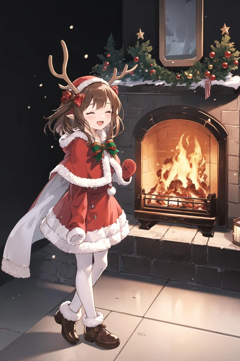 1girl, transparent background, closed eyes, open mouth, brown hair, white legwear, solo, smile, antlers, christmas, fireplace, food, short hair, reindeer antlers, hairband, fur trim, fire, pantyhose, draph, full body, stuffed toy, bow, mittens, stuffed animal, fake antlers, ^ ^, gloves, blush, :d, bell, santa costume, holding, dress, frills, gift, cooking, brown footwear, hood, christmas ornaments, capelet, shoes