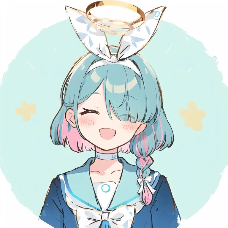 1girl, arona (blue archive), white sailor collar, solo, >_<, white choker, blue hair, sailor collar, smile, braid, closed eyes, open mouth, blue shirt, multicolored hair, shirt, choker, bangs, school uniform, :d, facing viewer, halo, short hair, hairband, ribbon, white hairband, pink hair, serafuku, upper teeth only, blush, teeth, single braid, hair ribbon, xd, white ribbon, <lora:chara-arona-v1:1>, <lora:Yayoi:0.5>