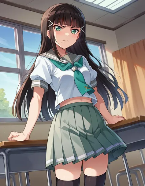 score_9, score_8_up, score_7_up, source_anime,
diakurosawa, <lora:dia-kurosawa-ponyxl-lora-nochekaiser:1>,
dia kurosawa, long hair, bangs, black hair, hair ornament, green eyes, sidelocks, hairclip, blunt bangs, mole, mole under mouth, angry, anger vein,
skirt, school uniform, short sleeves, pleated skirt, serafuku, socks, neckerchief, kneehighs, black socks, green neckerchief, grey skirt, uranohoshi school uniform,
indoors, classroom,
looking at viewer, cowboy shot, dutch angle,