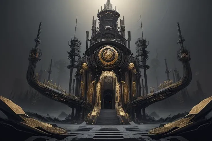 concept art chaos engine. gold and black. striking contrast. a digital rendering. cogs. gears. mechanisms. art deco. steampunk. victoriana.
Heavy geometric influence, Streamlined and sleek forms, Sunburst or sunrise motifs, Exaggerated curves, Hard edges, Low reliefs, Stepped forms, Ziggurat patterns, Stylized, floral patterns
. digital artwork, illustrative, painterly, matte painting, highly detailed