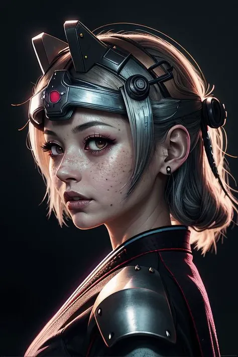 best quality,masterpiece,1 girl, adult (elven:0.7) woman, freckles, black eyes, silver hair flaps, ombre, portrait, solo, from front, front view, (full body:0.6), looking up, detailed background, detailed face, (<lora:CyberPunkAI:0.6>, neon, CyberpunkAI theme:1.1), samurai, light brown samurai armor, samurai helmet, samurai crest, bushido, dojo in background, wind, cinematic atmosphere,,