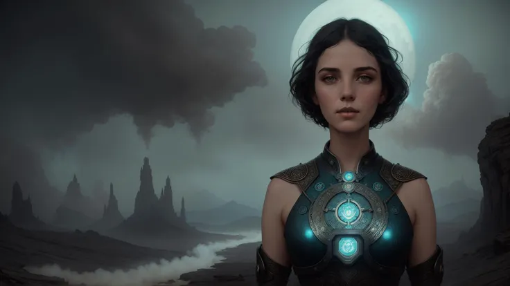 Amulet of Steam, Lost Oasis, Woodcut Print in Tom Bagshaw style, Retro-Futuristic, Cinematic, trending on deviantart, Inverted Colors