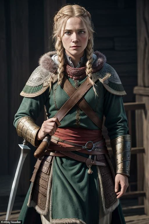 an Denmark actress Cecilie Stenspil who played the role viking woman Eivor in Assassin's Creed - Valhalla, muscular body, tattoos, an old scar on her cheek, in coats of ring-mail, and in foreign helmets, standing in a fighting pose, swinging an axe