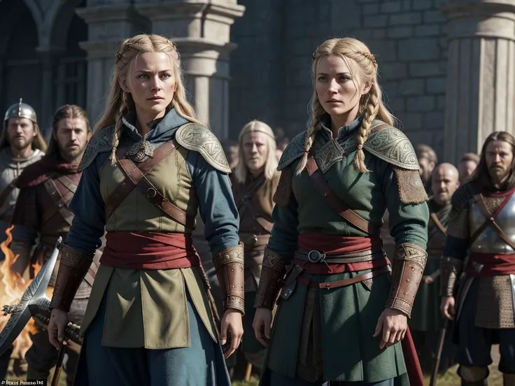 an Denmark actress Cecilie Stenspil who played the role viking woman Eivor in Assassin's Creed - Valhalla, muscular body, tattoos, an old scar on her cheek, in coats of ring-mail, and in foreign helmets, standing in a fighting pose, swinging an axe on the battlefield, around the corpses of fallen enemies and fire