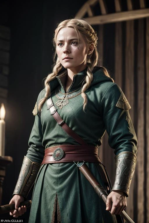 an Denmark actress Cecilie Stenspil who played the role viking woman Eivor in Assassin's Creed - Valhalla, muscular body, tattoos, an old scar on her cheek, in coats of ring-mail, and in foreign helmets, standing in a fighting pose, swinging an axe on the battlefield