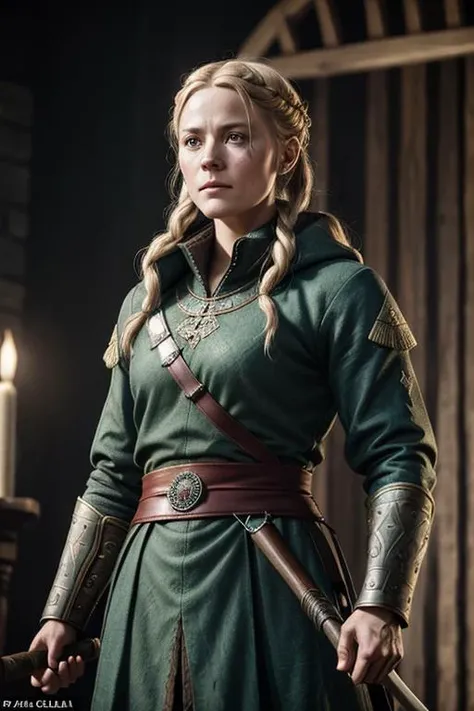 an Denmark actress Cecilie Stenspil who played the role  viking woman Eivor in Assassin's Creed - Valhalla, muscular body, tattoos, an old scar on her cheek, in coats of ring-mail, and in foreign helmets,  standing in a fighting pose, swinging an axe on the battlefield